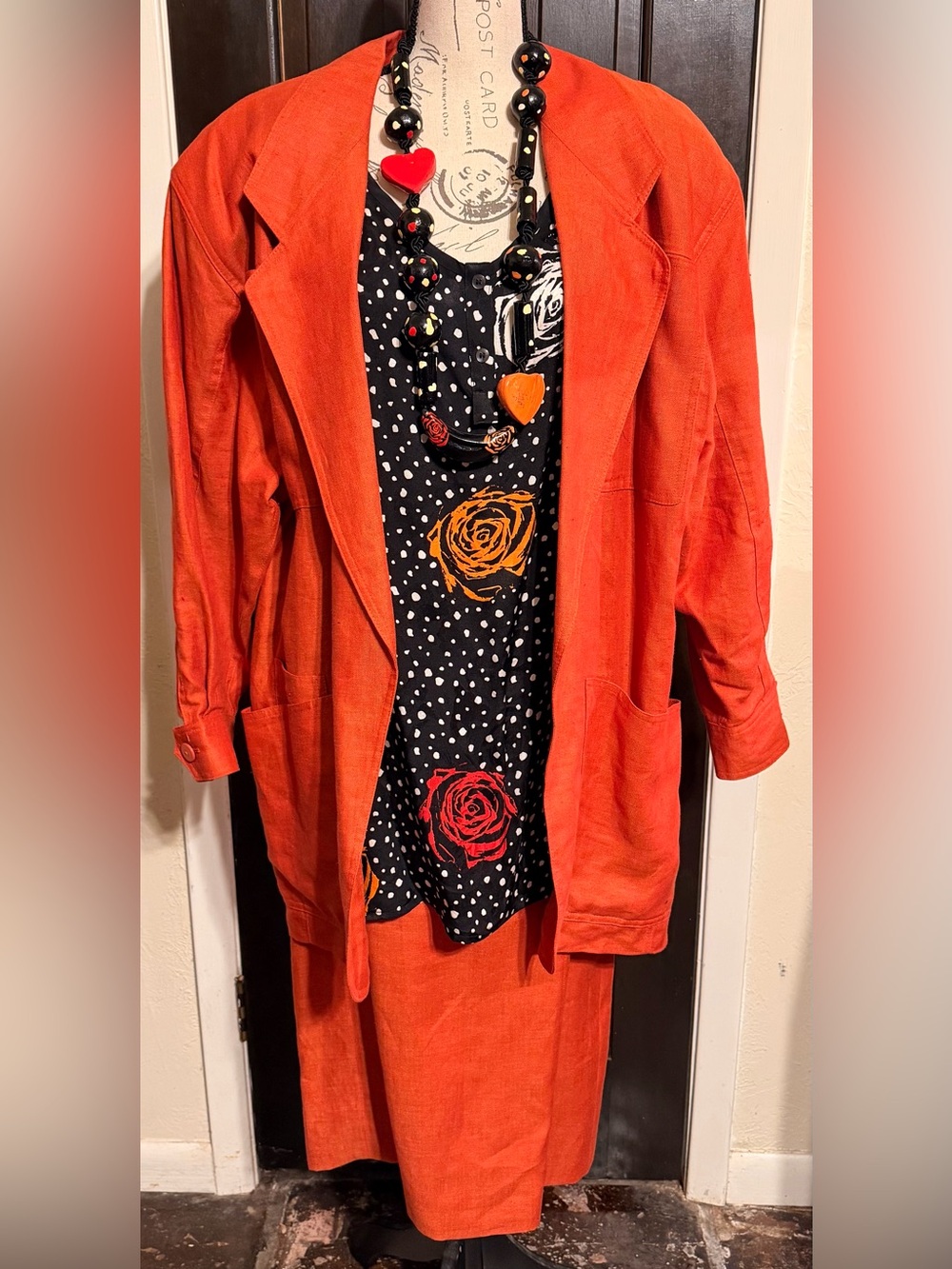 Vintage Escada 3-Piece Orange Linen Suit & Silk Rose Polka Dot Top Set